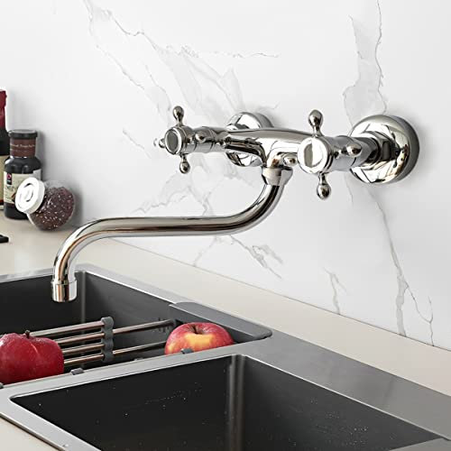 KOPYFANTAP Robinet de Cuisine Mural Laiton Chromé, Rotatif à 360° Mitigeur Mural Cuisine D'évier Robinet Murale avec Deux Poignées pour Salle de Bain Baignoire
