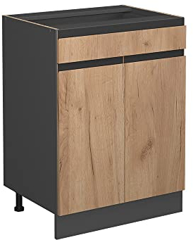 Vicco Küchenunterschrank R-Line, Goldkraft Eiche/Anthrazit, 60 cm J-Shape, mit Schublade, ohne Arbeitsplatte