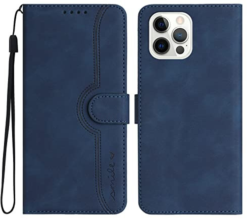 MOTIKO Wallet Case Fit for iPhone 12 Pro Max Leather Case | Magnetic Flip Case with Card Slots Kickstand Shockproof Protective Wrist Strap Cover | Dark Blue