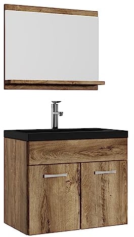 Badplaats B.V. Badezimmer Badmöbel Set Montreal 02 60cm Waschbecken Schwarz - Braun Eiche Unterschrank Waschtisch Spiegel Möbel