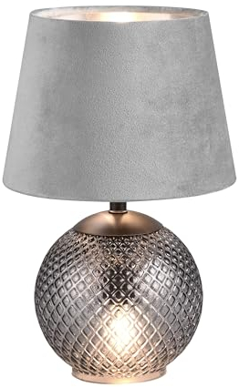 Reality Leuchten RL Lámpara de mesa Jonna R51242054, base de cristal ahumado, pantalla gris terciopelo/plateado, incl. 2x E14