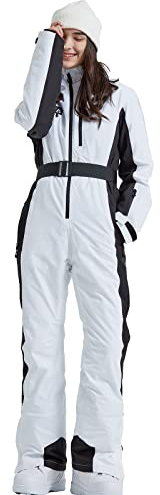 HOTIAN Damen Skianzug Damen Einteiler Skioverall Winter Warme Schnee Skifahren Winddicht Wasserdicht Outdoor Schneeoverall Jumpsuit Mit Kapuze Verdicken Schneeanzug Ski Suit White L