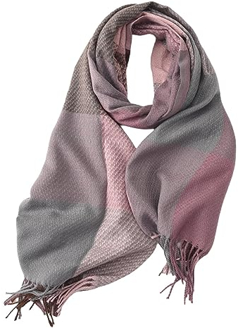 spirgear Schal Damen Winter Kariert Winterschal Weicher Warmer Damenschal Mit Quasten 200 x 65 cm, Rosa Grau