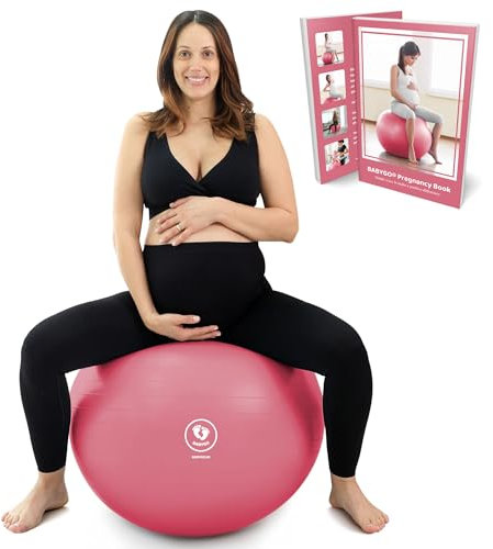 BABYGO® Gymnastikball Schwangerschaft Sitzball Büro Schwanger Yoga Pezziball | inklusive Schwangerschaftsbuch zur Geburt & Fitness | Anti-Burst 1000 Kg (Pink, 65cm)