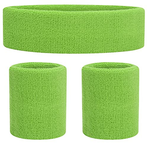 ONUPGO Schweißbänder Set Stirnband Armbänder Neon Sport Fitness 80er Kostüme Zubehör 80er Workout Outfit für Männer Frauen (Neon Green 9646)