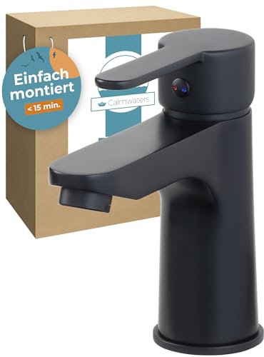 Calmwaters® Schwarze Waschtischarmatur mit einfacher Montage von oben, Wasserhahn inklusive Pop-Up-Ventil, leicht selbst montiert, Wasserspar-Kartusche