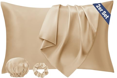 Seiwohl Satin Kissenbezug 40 x 80 2er Set, Weich wie Seidenkissenbezug Silk Pillowcase, Vegane Seide Kopfkissenbezug Kissenhülle Haarschutz für die Nacht mit Haargummi und Haarhaube, Champagner