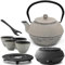 Asia Teekanne Gusseisen Set 1.1 Liter - grauer Teekessel & Edelstahl-Filter für losen Tee & 4 Tee-Becher & Stövchen & Untersetzer & Deckelheber