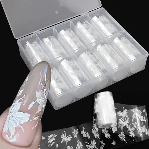 10 Rolle Weiße Blumen Nagelfolie Transferpapier Spitze Blume Transferfolie Nagelsticker Schmetterling Nagelfolien Nagelaufkleber Nail Art Flowers Transfer Aufkleber Nail Sticker Nageldesign Zubehör