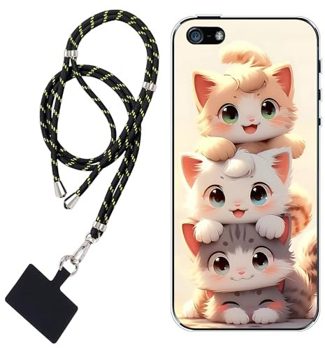 WUACYEAMING Hülle für iPhone 5/5S/SE(2016),Mode Chic Muster Ultra Dünn TPU Silikon Schutzhülle Slim Case Cover Niedliche Katze mit großen Augen+1*Tragbares Universal-Lanyard