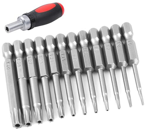 12 Pcs Torx Head Screwdriver Bit Set, 50mm 1/4 Inch Hex Shank T5-T40 S2 Steel Security Screwdriver Bits Tools with Magnetic Star Head for Electric Hand Screwdrivers Accessory with 1 Pack Handle