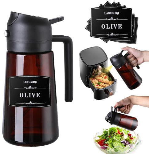 Upgraded Brown 2 in 1 Oil Dispenser and Glass Oil Sprayer for Kitchen Cooking, 470ml g 16oz Evermore Olive Oil Dispensing Sprayer and Pour, Reciprocal 2 way Two in One Oil Mister Bottles BBQ (Black)