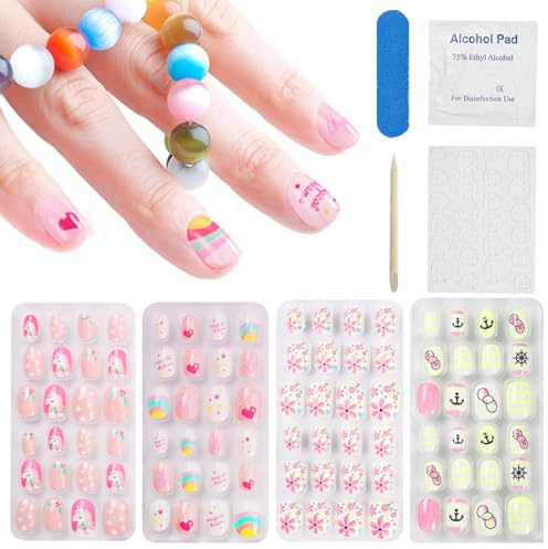 DKDDSSS 144Pcs Nails for Girls, Kids Stick on Fake Nails Sets, 6Pcs Manicure Accessories