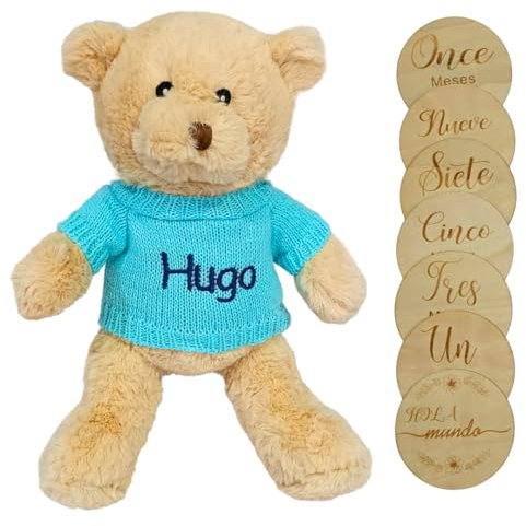 BALÚ Oso de Peluche Personalizado para Bebé Recién Nacido y 7 Placas Cumplemés Grabadas Doble Cara, Regalos Originales para Bebé y Baby Shower, Set de Regalo para Bebé, Osito Peluche (Turquesa)