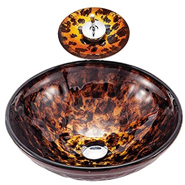 CLRAWSHB Round Bathroom Vessel Sink and Faucet Combo Countertop Sink Bowl Tempered Glass Vanity Sink Bowl On the Top Hand Painted Flame Art Vessel Bowl Sink with Drain Combo