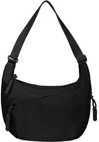 Valleycomfy Mezzaluna - Borsa a tracolla in nylon, con chiusura lampo, Nero