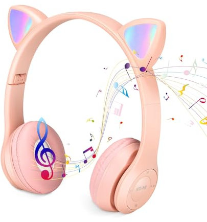 QCXWCJWD Wireless Over Ear Kids Headphones, Foldable Bluetooth Kids Headset with Microphone, LED Light Cat Ear Headphones for Girls Boys (Pink)