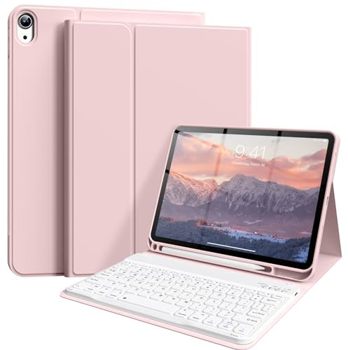 ZKTUYU Custodia per tastiera per iPad di 10.9 2022 & iPad 11th Gen A16 2025 con portapenne, cover posteriore in TPU e tastiera magnetica rimovibile con layout QWERTZ, rosa