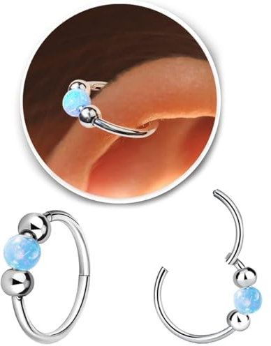 Small Cartilage Hoop Earrings for Women Men, Opal Silver Earrings 316L Surgical Steel Hinge Huggie Hoop Earrings for Helix,Tragus,Jewelry Hypoallergenic Earrings Nose Ring (Blue, 8MM)