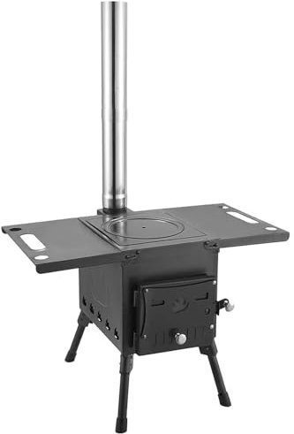 PXDOHQAW Stufa a Legna da Campeggio Portatile, Stufa a Legna da Tenda con Tubi Del Camino, Guanti Di Vetro Termoresistenti/Black/L 78 * 52 * 148Cm