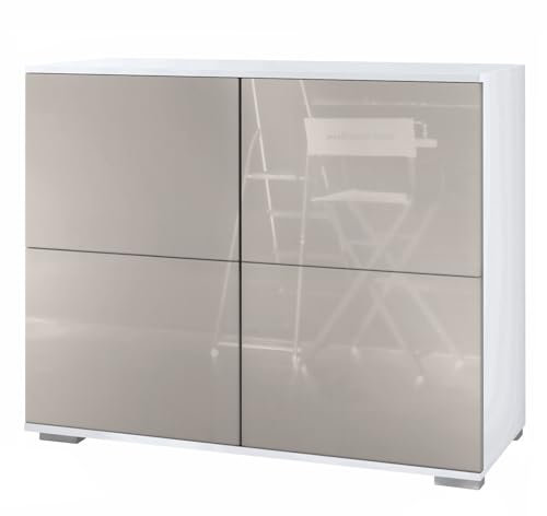 Vladon Kommode Rova V3, Moderner Küchenschrank mit 4 Push-to-Open Türen Weiß matt/Sandgrau Hochglanz (92,5 x 75.5 x 35)