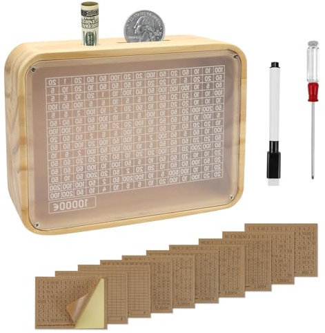 Spardose Holz mit Zähler Sparbox mit Zahlen Ankreuzen Spardose aus Holz Wiederverwendbare Spardose mit Sparziel 500 1,000 2,000 3,000 5,000 10,000 Euro für Erwachsene und Kinder