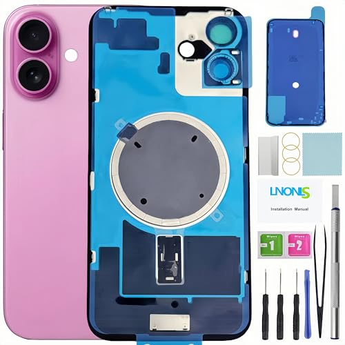 LNONLS 16 Plus - Cristal trasero de repuesto para iPhone 16 Plus, cubierta trasera de vidrio impermeable y lente de cámara + kit de herramientas de reparación profesional (rosa)