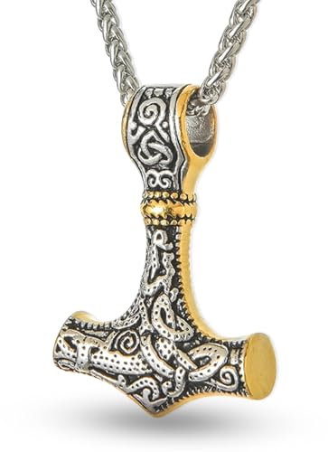 JUZICHEN Collana Uomo Acciaio Inossidabile, Martello Di Thor Collana, Vichinga Mjolnir Ciondolo, Norreno Celtico Amuleto Ciondoli, Nordico Vichingo Runa Collana, 60cm Catene (Oro + Argento)