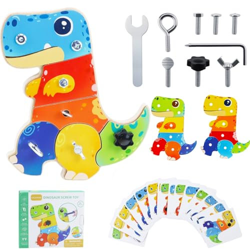 Qingning Dinosaure Planche à Vis en Bois avec Visseuse, Montessori Jouet Enfants Tournevis, Dino Planche à Visser en Bois, Jouet Sensoriels Jeux Éducatifs, Cadeau pour Fille Garçon 3 4 5 6 Ans