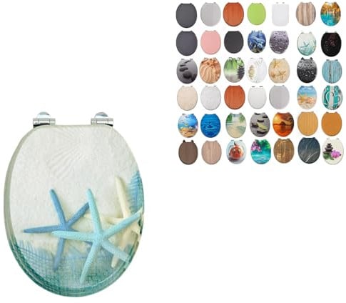 18 MDF Toilet Seat Universal Adjustable Fit Most Toilets Oval Seat┃Bathroom Standard Wooden MDF Toilet Seat | WC SEAT +Fittings (Star Fish & Ocean)