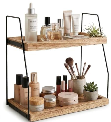 Kaffee Organizer Station, Küche Aufbewahrung,Holzregal für Arbeitsplatte, 2 Etage Gewürzregal Stehend,Kaffeebar Zubehör,Küchen Regal Organizer,tassenregal,für Küche, Zuhause, Büro,kaffeebar(Braun)