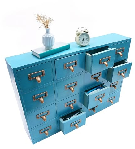 Mini Kommode mit 16 Schubladen Holz, Desktop Organizer Aufbewahrungsbox Vintage Stil, Apothekerschrank für Home Office, Küche, Wohnzimmer (Blau)