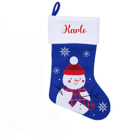 minimutz Nikolausstrumpf mit Namen Kinder - personalisierter Weihnachtsstrumpf zum Aufhängen & Befüllen - Nikolausstiefel grün rot 45cm (Schneemann (blau))