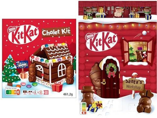 Bundle aus NESTLÈ KITKAT Chalet Kit Weihnachtsschokolade, Weihnachtshäuschen zum selber Basteln (1 x 461g) und NESTLÉ KITKAT Adventskalender mit 24 Schokoladenfiguren (1 x 208g)