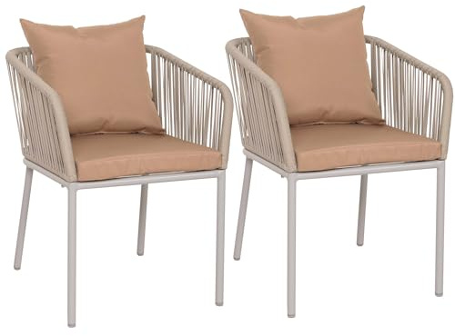 PROREGAL 2er-Set Gartenstuhl HxBxT 75x55x55cm Sitzhöhe 48cm wetterfest Aluminium Seilgeflecht Rope Grau Kissen Taupe Outdoor Armlehne