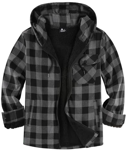 JACKETOWN Holzfällerjacke Herren Gefüttert Hemdjacke Herren mit Kapuze Kariertes Jacke Männer Reißverschluss Flanelljacke Sherpa Jacke Trekking Winterjacke Thermohemd Outdoor