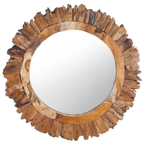 Mokuyary Wandspiegel 60 cm Teak Rund Badspiegel, Badezimmer Spiegel Dekorativer Schminkspiegel, Hängespiegel für Schlafzimmer, Wohnzimmer, Bad, Flur