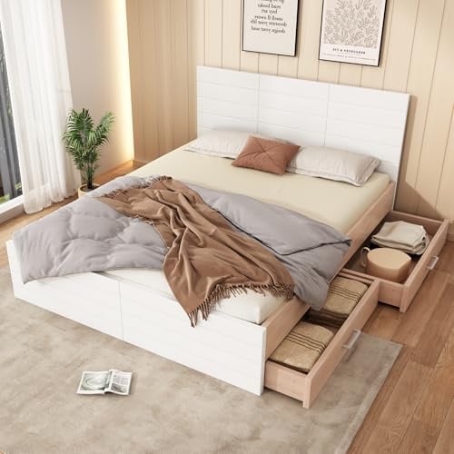 Gelukueub Doppelbett Holzbett Bettanlage mit 2 Schubladen,Modernes Bett inkl. Bettgestell &Lattenrost- Eiche/Weiß(Ohne Matratze) (140×200cm)