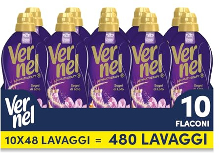 Ammorbidente Concentrato Vernel Aromatherapy Sogni di Loto (10 x 48 lavaggi), Ammorbidente Concentrato per Tutti i Tessuti, Profumo di Lunga Durata con Oli Essenziali