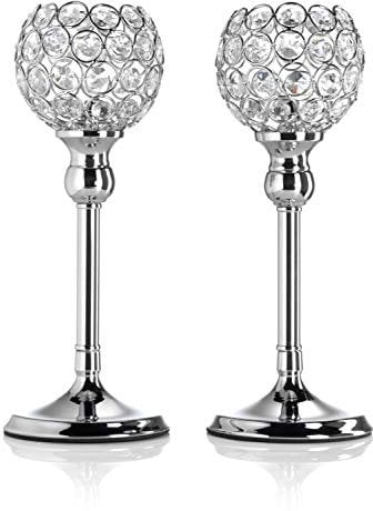 Artis Set of Two Silver Pillar Candle Holders with Crystal Detail for Tea Light/Votives, Perfect Centrepiece for Dinner Table, Weddings and Parties
