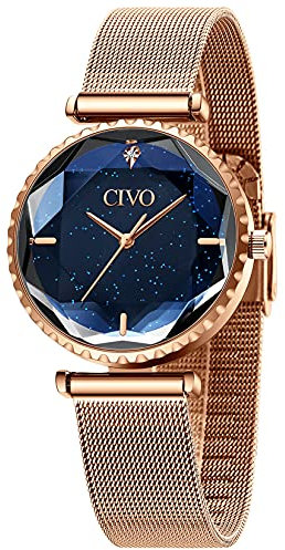 CIVO Womens Watch Rosegold Minimalist Ladies Watches Stainless Steel Straps Waterproof Starry Sky Women Watches Elegant Classic Dress Casual Analogue Wrist Watches for Ladies Girls