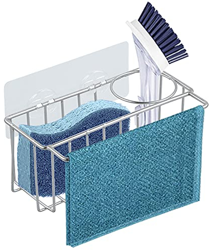Andyer 3-in-1-Küchenspüle, selbstklebend, für Spülbecken, Schrubber, Bürste, Geschirrtuch, Schwamm-Organizer, SUS304 Edelstahl, rostfrei, wasserdicht, kein Bohren (Silber)