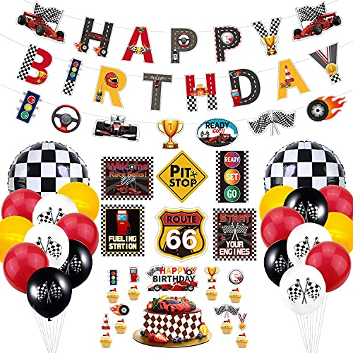 Rennwagen-Geburtstagsparty-Dekorationen - Rennsport-Geburtstagsbanner, Zielflaggenballons, Verkehrszeichenausschnitte und Kuchendeckel für Kinderjungen Let's Go Racing-Partyzubehör