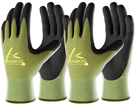 COOLJOB 2 Paar Gartenhandschuhe für Damen/Herren, Touchscreen Arbeitshandschuhe aus Bambusfasern, Nitrilbeschichtung Arbeitshandschuhe (Größe 8/M)
