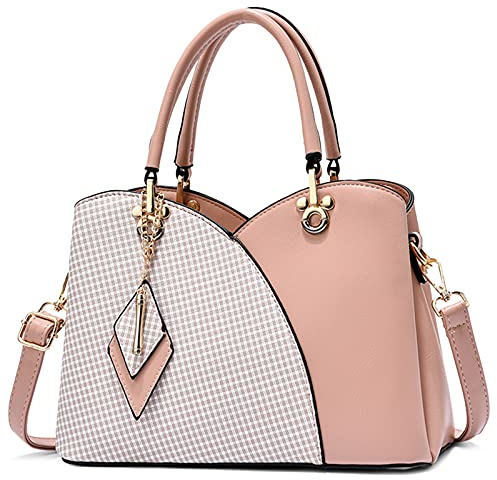 FORRICA Damen Handtasche Mode Kariertes Umhängetasche Frauen Tasche PU Leder Schultertasche mit Rhombus-Anhänger Rosa
