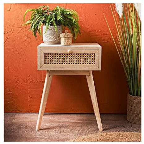 spot on dealz Bedside table with 1 drawer MDF wood frame cabinet With Rattan Decoration wooden legs hallway small side tables for living room (Natural)
