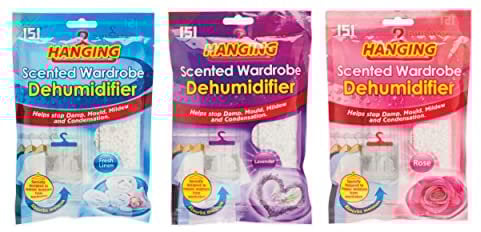 Set Of 3 Hanging Wardrobe Dehumidifier Bags Scented Moisture Trap Crystals Damp control Rose Lavender & Fresh Linen Scent