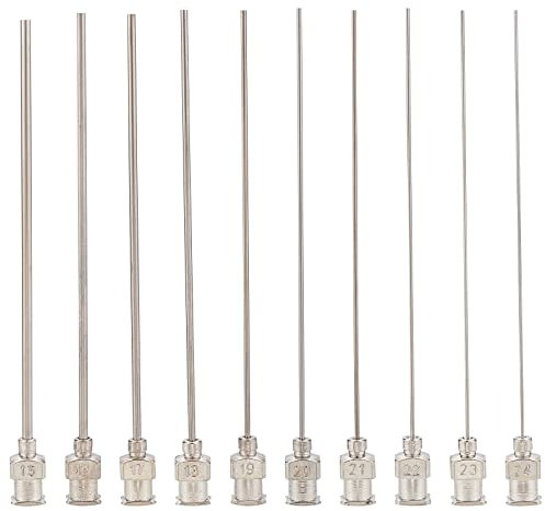 BENECREAT 20PCS 3 Inch Iron Dispensing Needle Tip 10 Mixed Size Blunt Syringe Needle with Brass Joint for Refilling Glue Syringes, 15G/16G/17G/18G/19G/20G/21G/22G/23G/24G