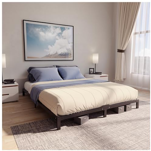 Cadre de Lit 200x200cm avec Sommier - Sommier 200x200 avec Pieds - Hauteur de 25cm - Structure Solide, Assemblage Facile et Espace de Rangement 22cm