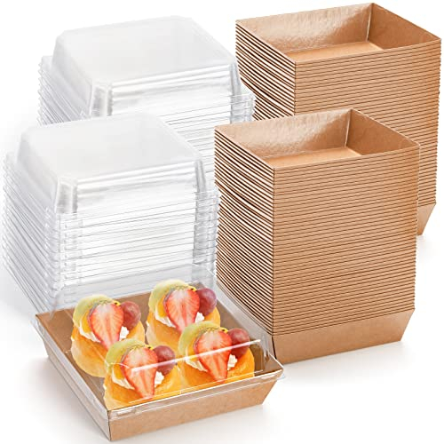 Hiceeden 100 Stück Charcuterie-Kuchenboxen aus Papier mit transparentem Deckel, 14 x 12.5 x 6cm Dessertbox, Wiederverwendbare Lebensmittelbehälter für Kekse, Donuts, Muffins, Braun